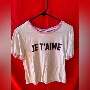 cinq a sept White Tee with Pink Trim and Black 'JE T'AIME' Print